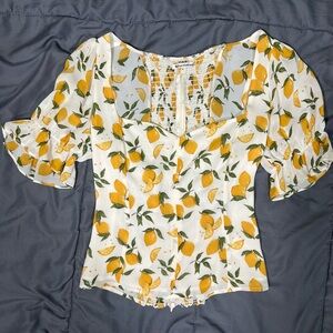 Reformation Ivory Lemons Floral Delevan Top Size 8 Ruffle Baby Doll Viscose